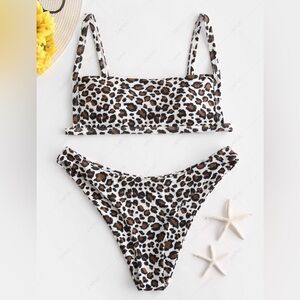 NWT ZAFUL Women's Ribbed Square Neck Padded High Cut String Bikini